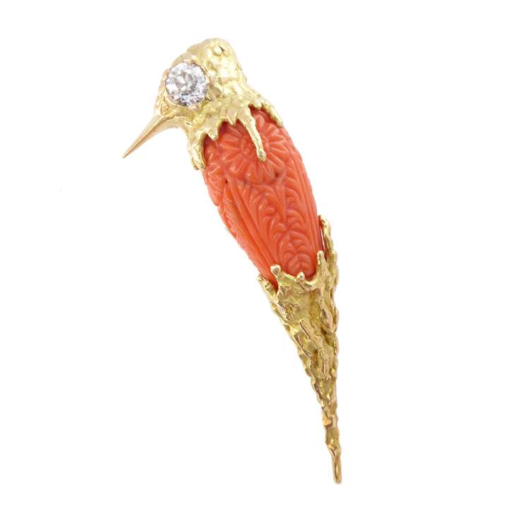 Gold, diamond and carved corallium rubrum bird brooch